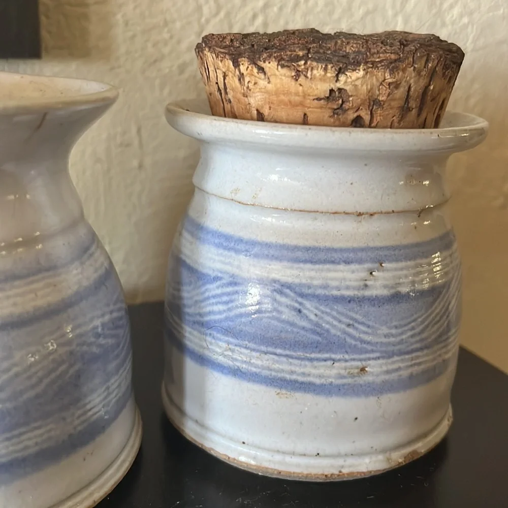 Vintage Studio Art Pottery Set Handthrown Stoneware Blue & White Sugar Creamer